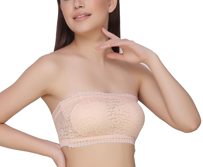 GLAMORAS Women’s Lace Tube Bra – Cotton Nylon Spandex, Padded, Wire-Free, Full Coverage with Back Hook